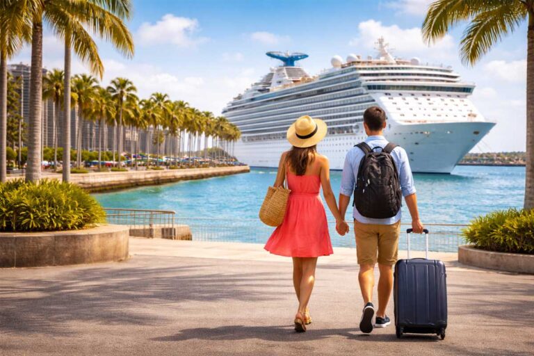 FLL to cruise port distance, travelers walking toward cruise ship with luggage