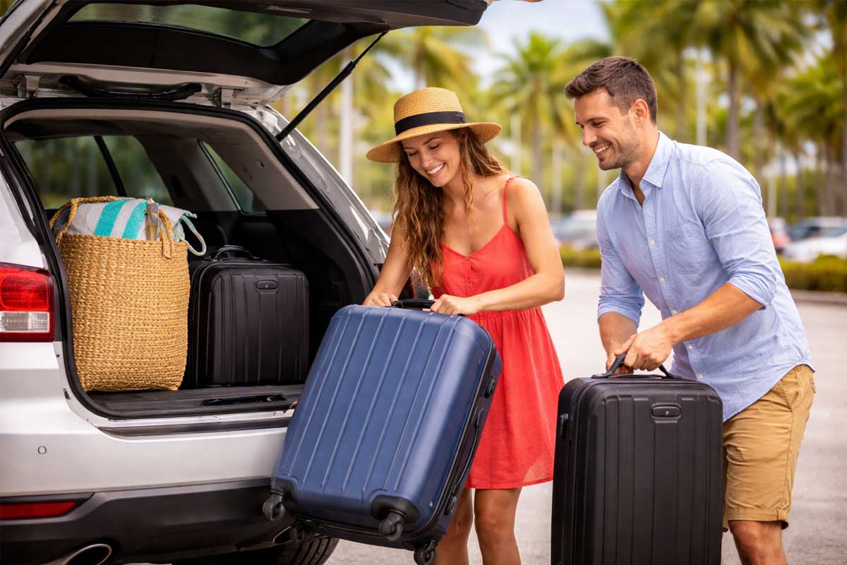 FLL to cruise port distance, travelers unloading luggage from car in parking lot before cruise