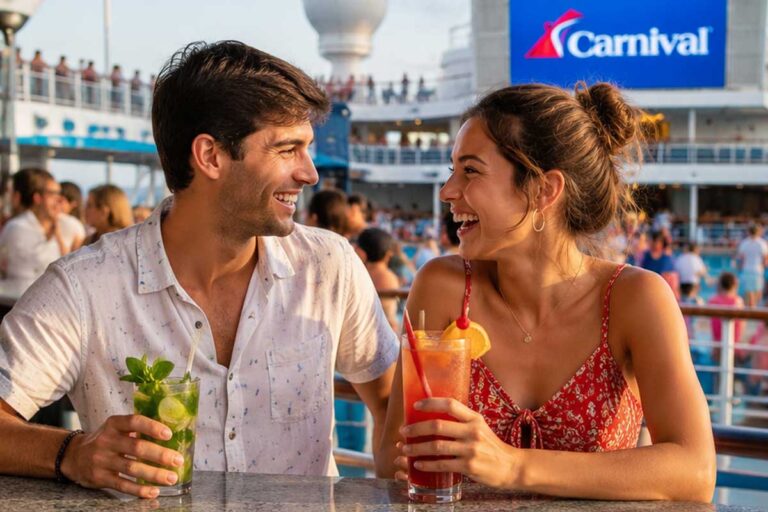 Young couple relaxing with cocktails at an outdoor cruise ship bar during a cruise out of Fort Lauderdale