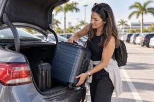 Woman unloading luggage from her car before using long-term parking near FLL Airport