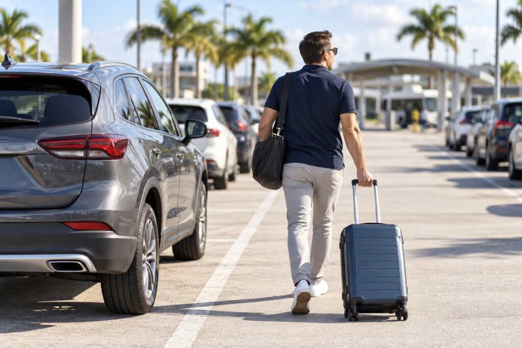 Traveler pulling a suitcase through a nearby FLL long-term parking lot after leaving his car