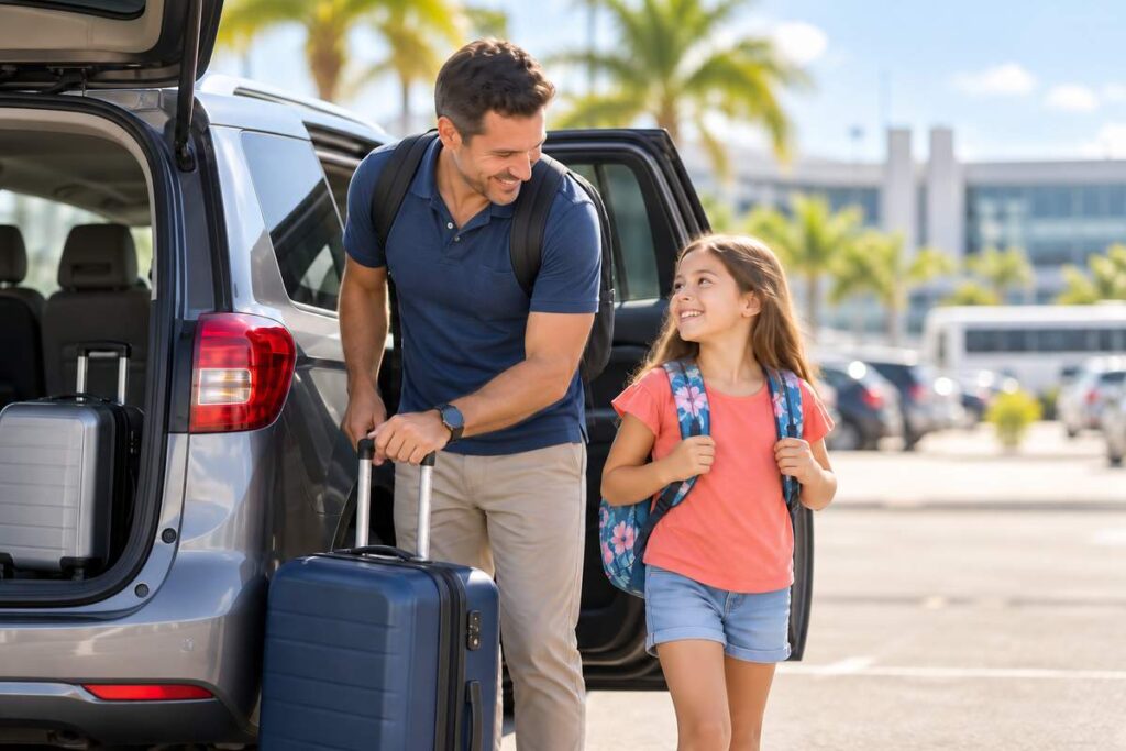 Father and daughter unloading luggage near the terminal while planning their Fort Lauderdale Airport arrival time
