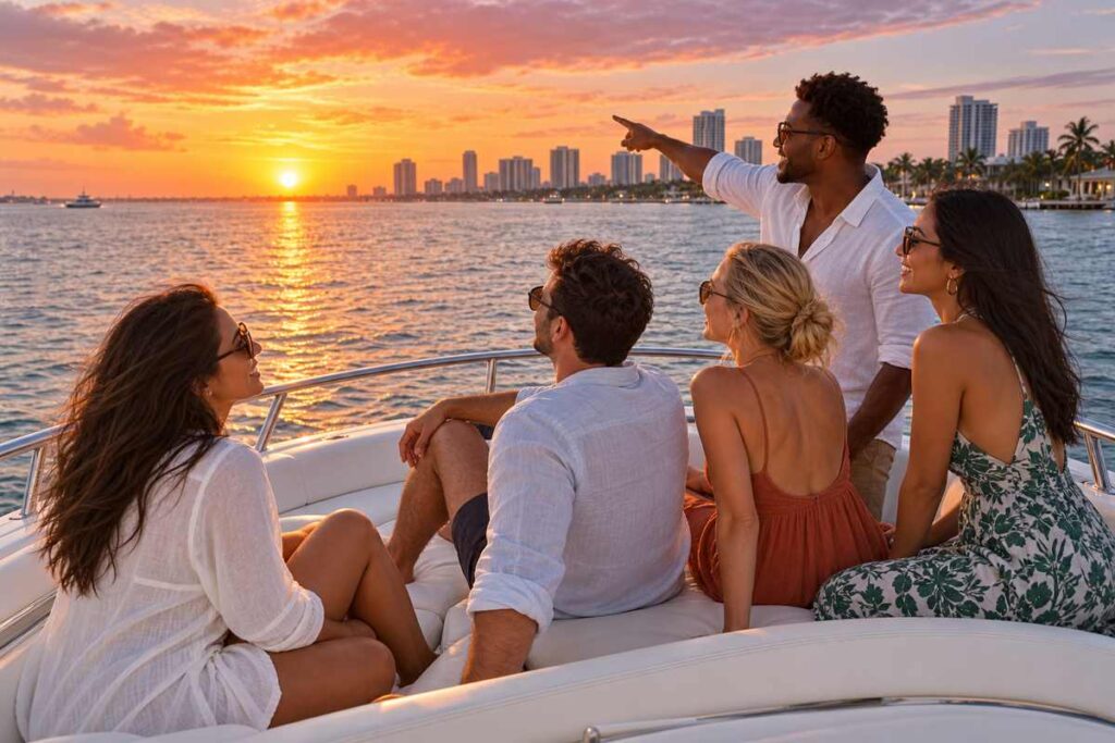 Friends enjoying a Millionaire’s Row cruise in Fort Lauderdale while watching the sunset from the bow.