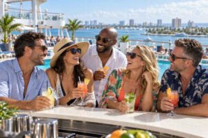 Travelers enjoying drinks at a tropical cruise ship poolside bar during the Port Everglades Cruise Season 2026