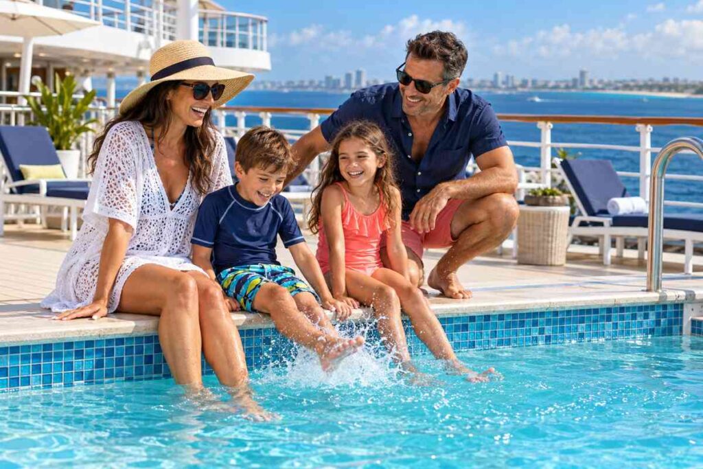 mily having fun beside a cruise ship pool, representing the convenience of Port Everglades parking