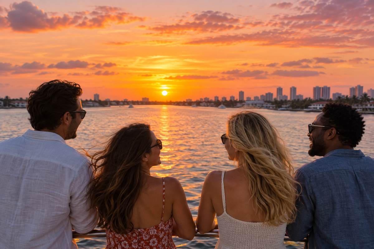 Friends enjoying a Sunset Cruise Fort Lauderdale experience while watching the sun set over the water